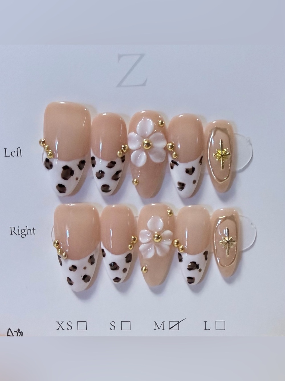 Nude & White Leopard Floral Gel Nail Set with Gold Accents